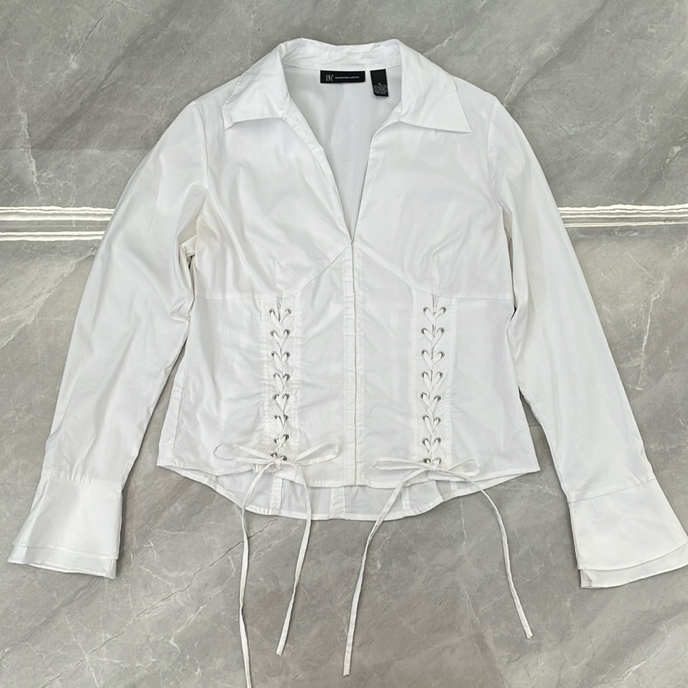 Women's INC International Concepts Tie Up Flared Long Sleeve V-Neck Top Size 12